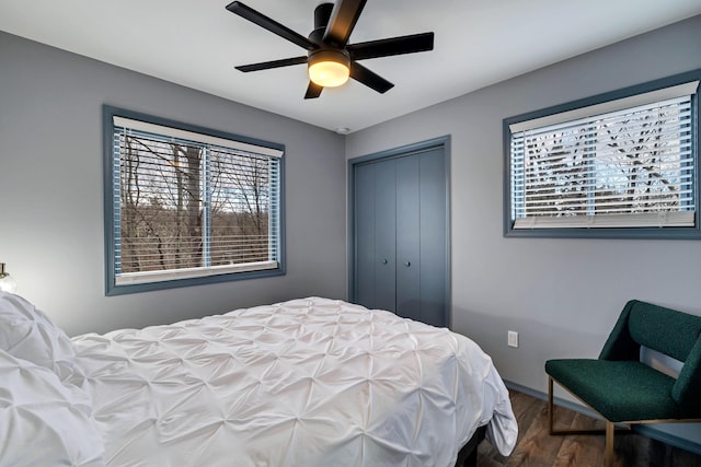 bedroom with a closet, ceiling fan, multiple windows, and wood finished floors