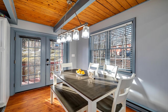 dining room with wood finished floors, wood ceiling, french doors, baseboard heating, and beamed ceiling