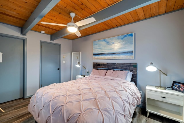 bedroom with wooden ceiling, a ceiling fan, beam ceiling, and wood finished floors