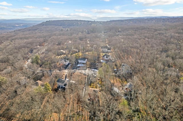 aerial view featuring a mountain view and a wooded view