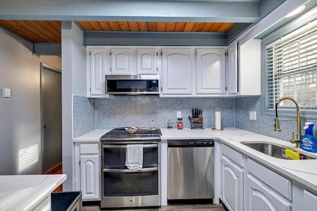 kitchen featuring tasteful backsplash, appliances with stainless steel finishes, wood ceiling, white cabinets, and a sink