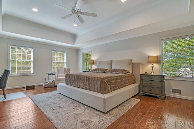 175 Wyndham Dr, Cresco, PA 18326 - bedroom featuring ornamental molding, hardwood / wood-style flooring, a raised ceiling, baseboards, and recessed lighting