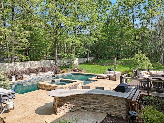 175 Wyndham Dr, Cresco, PA 18326 - view of swimming pool featuring an outdoor living space, an in-ground hot tub, and a patio area