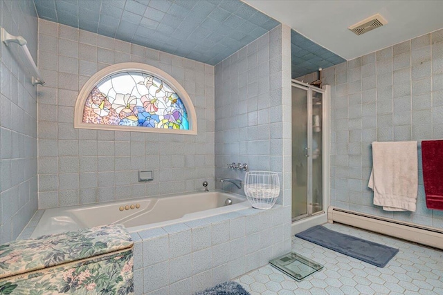 bathroom with visible vents, a stall shower, tile walls, baseboard heating, and a bath