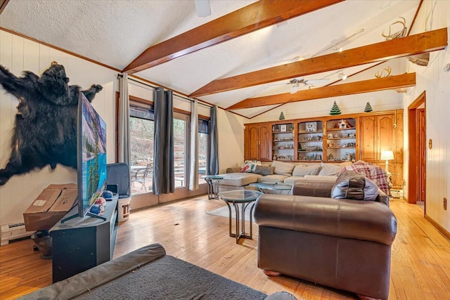 living room with a textured ceiling, baseboard heating, light wood-style flooring, and vaulted ceiling with beams