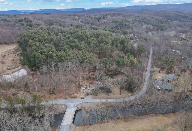 birds eye view of property featuring a mountain view and a view of trees