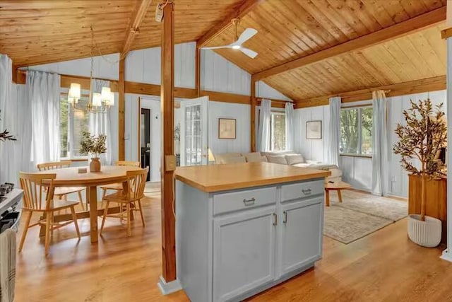 kitchen featuring lofted ceiling with beams, light wood-type flooring, and wood ceiling