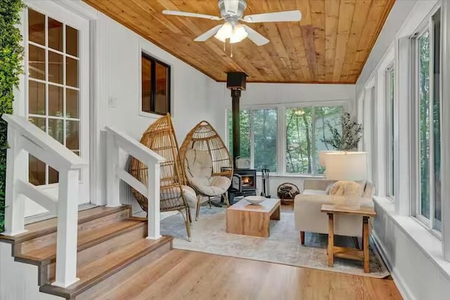 sunroom featuring a ceiling fan, wood ceiling, a wood stove, and vaulted ceiling