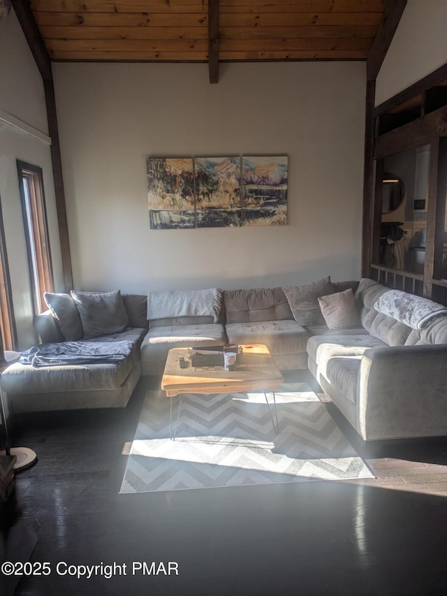 living area with lofted ceiling and wood ceiling