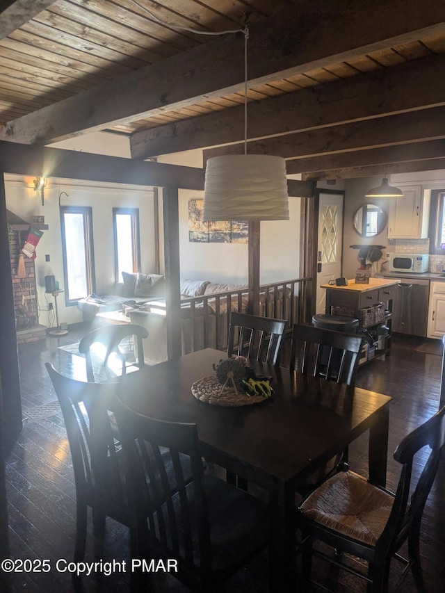 dining space featuring dark wood-style floors, wood ceiling, and beam ceiling