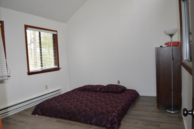 6372 Baltic Ave, Tobyhanna, PA 18466 - bedroom featuring a baseboard heating unit, wood finished floors, and lofted ceiling