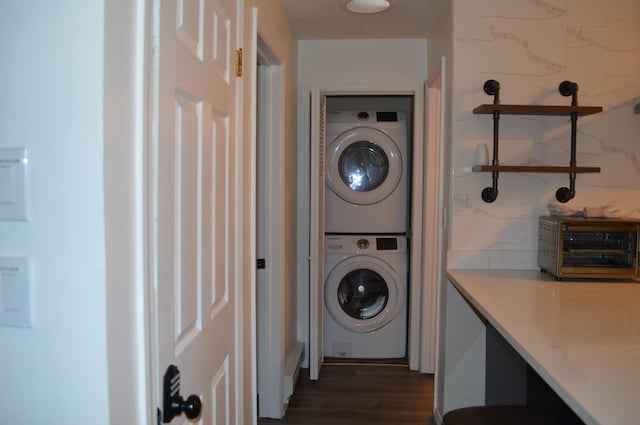 6372 Baltic Ave, Tobyhanna, PA 18466 - laundry area with stacked washer / drying machine and dark wood-style flooring