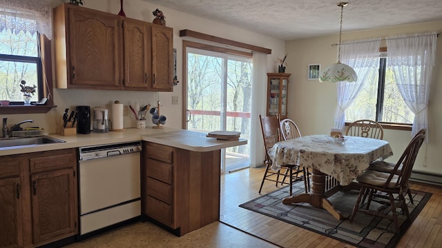 kitchen with white dishwasher, plenty of natural light, a sink, and a peninsula
