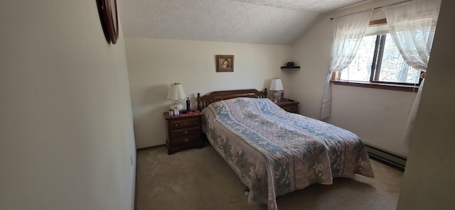 carpeted bedroom with a textured ceiling, vaulted ceiling, and a baseboard radiator