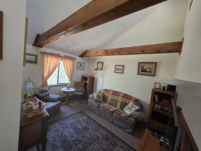 living room featuring carpet floors and vaulted ceiling with beams