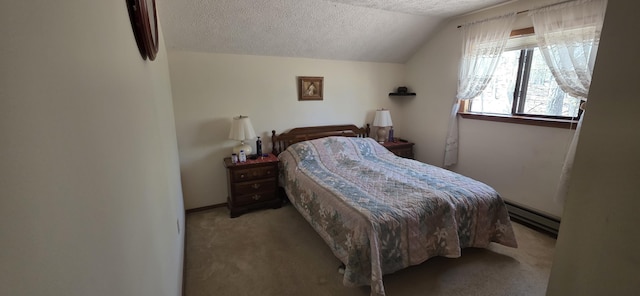 carpeted bedroom featuring a textured ceiling, vaulted ceiling, and baseboard heating
