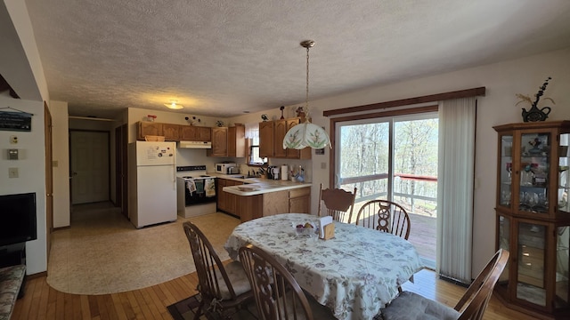 dining room with a textured ceiling and light wood-style floors
