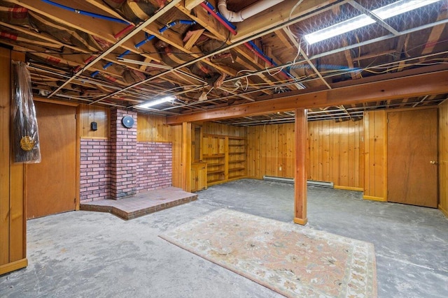 126 Keystone Ln, Tobyhanna, PA 18466 - unfinished below grade area with wooden walls and a baseboard heating unit