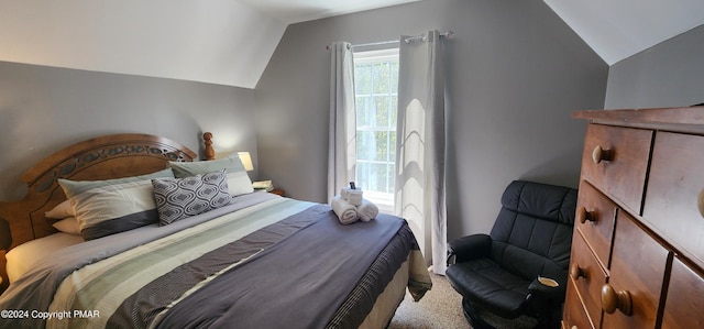 bedroom featuring lofted ceiling and carpet flooring