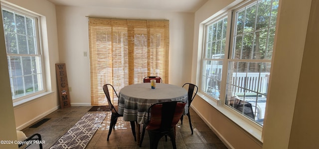 dining area with tile patterned flooring, baseboards, visible vents, and a wealth of natural light