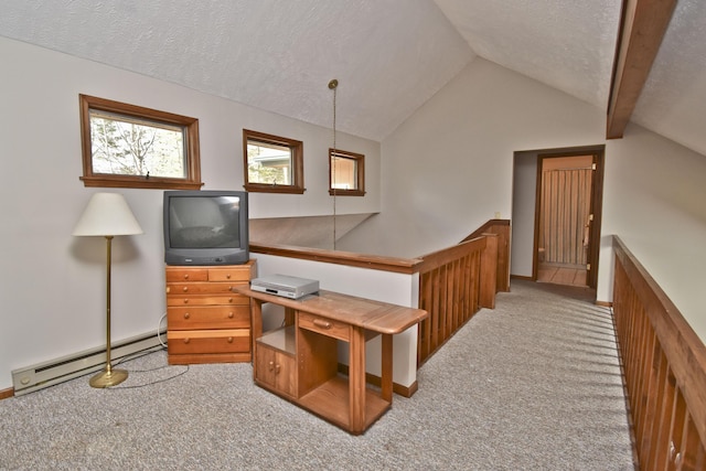 248 Miller Dr, Pocono Pines, PA 18350 - interior space featuring a baseboard heating unit, lofted ceiling, a textured ceiling, and light carpet