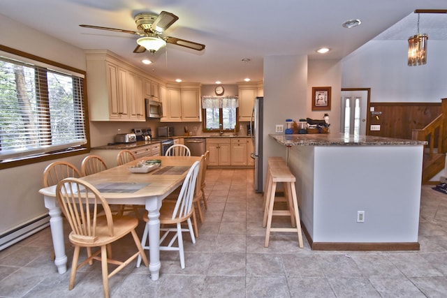 248 Miller Dr, Pocono Pines, PA 18350 - dining area featuring light tile patterned floors, baseboard heating, recessed lighting, and a ceiling fan