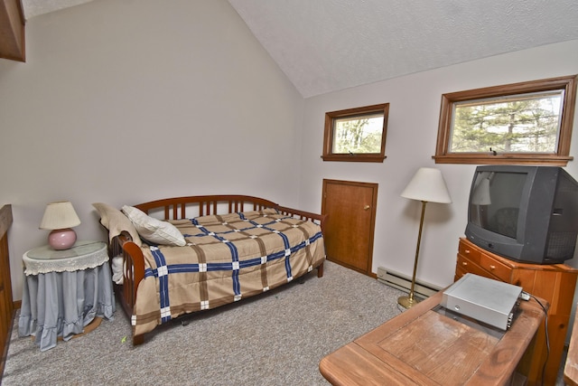 248 Miller Dr, Pocono Pines, PA 18350 - carpeted bedroom with baseboards, lofted ceiling, a textured ceiling, and baseboard heating