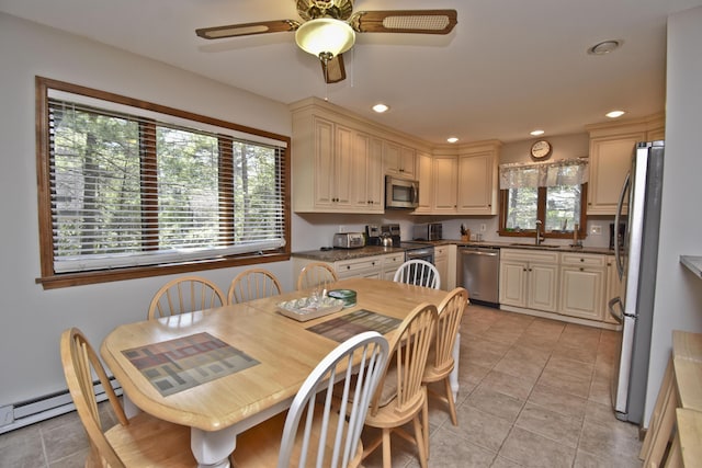 248 Miller Dr, Pocono Pines, PA 18350 - dining room with a baseboard heating unit, recessed lighting, a ceiling fan, and light tile patterned floors