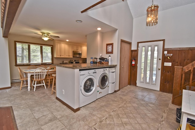 248 Miller Dr, Pocono Pines, PA 18350 - clothes washing area featuring a baseboard radiator, independent washer and dryer, ceiling fan, laundry area, and recessed lighting