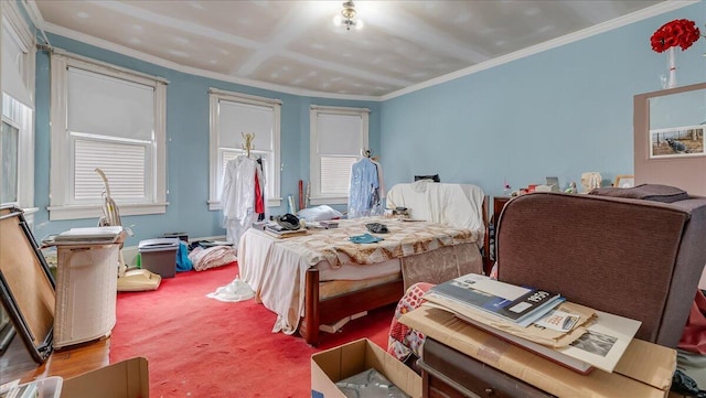 bedroom with light colored carpet and ornamental molding