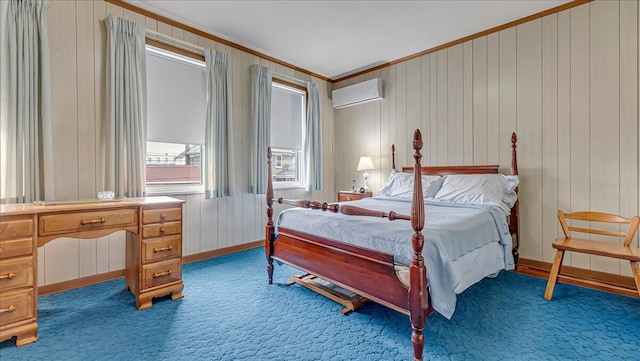 carpeted bedroom with baseboards, ornamental molding, and a wall unit AC