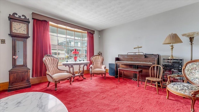 living area featuring carpet and a textured ceiling