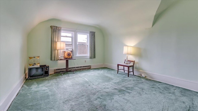 bonus room with a baseboard radiator, carpet floors, lofted ceiling, and cooling unit