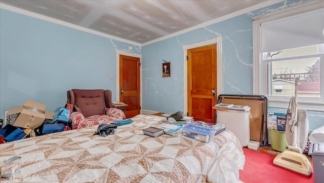 carpeted bedroom featuring ornamental molding