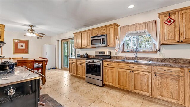 205 Flatbrook Way, Milford, PA 18337 - kitchen featuring light tile patterned floors, a sink, ceiling fan, and stainless steel appliances