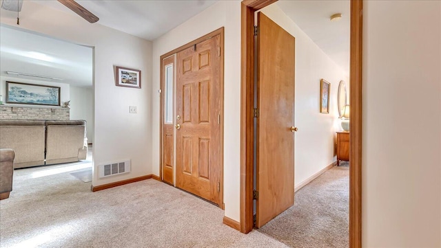 205 Flatbrook Way, Milford, PA 18337 - foyer with baseboards, visible vents, ceiling fan, and light colored carpet