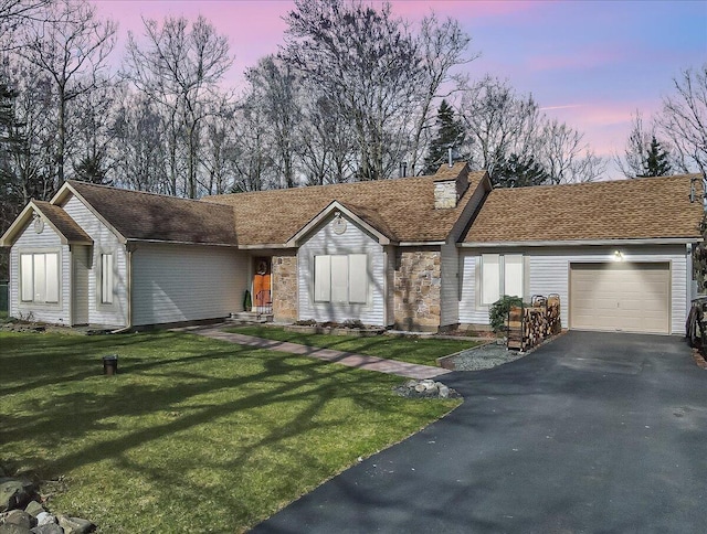 205 Flatbrook Way, Milford, PA 18337 - ranch-style house featuring a lawn, driveway, a garage, and a chimney