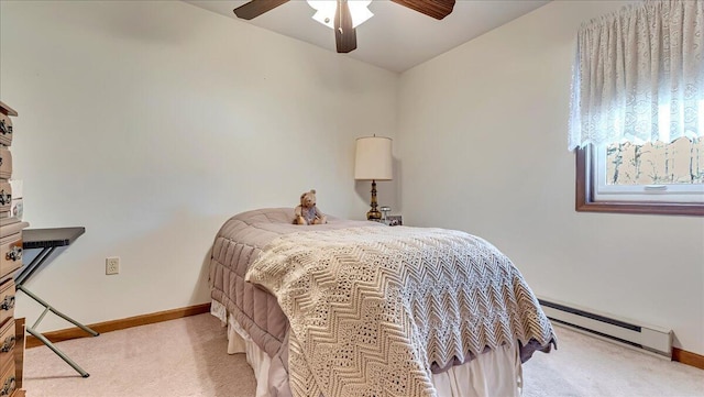 205 Flatbrook Way, Milford, PA 18337 - bedroom with a ceiling fan, baseboards, light colored carpet, and a baseboard radiator
