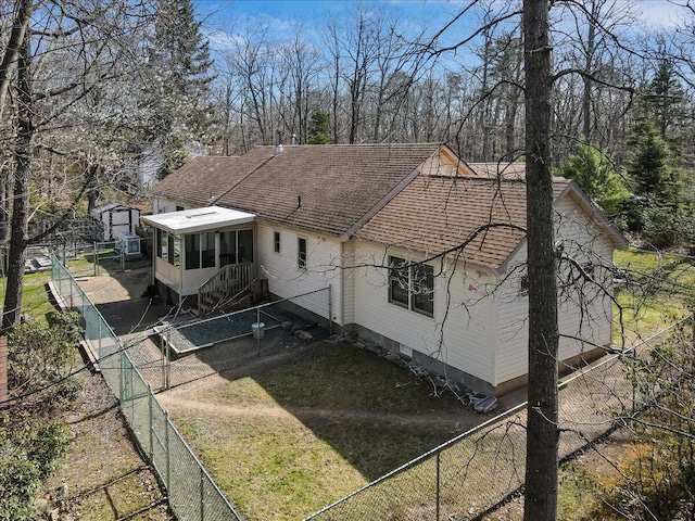 205 Flatbrook Way, Milford, PA 18337 - back of property with roof with shingles, a chimney, a fenced backyard, and a sunroom