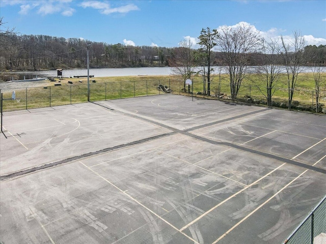 205 Flatbrook Way, Milford, PA 18337 - view of patio with a wooded view, fence, community basketball court, and a water view