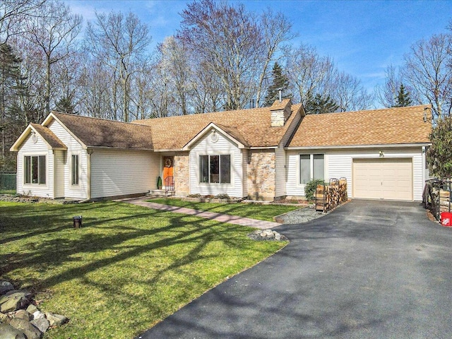 205 Flatbrook Way, Milford, PA 18337 - ranch-style home featuring a garage, a chimney, aphalt driveway, and a front lawn