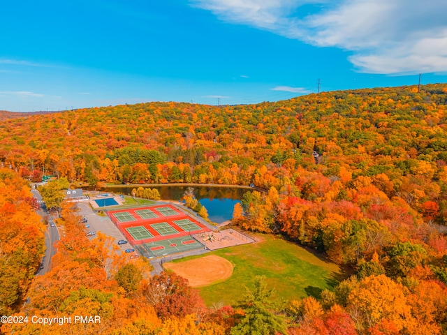 drone / aerial view featuring a view of trees