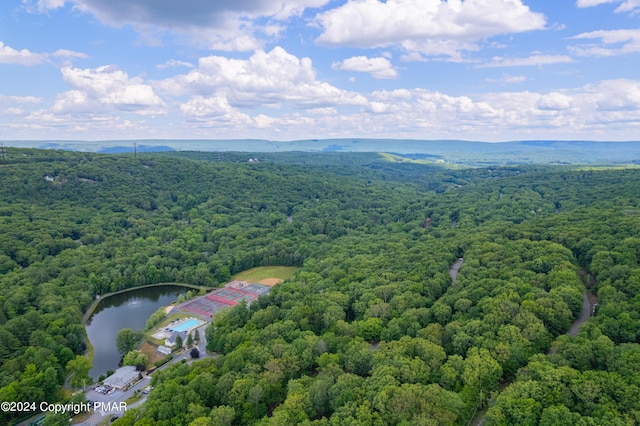 drone / aerial view featuring a water view and a wooded view