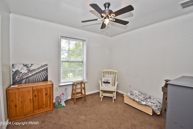 carpeted bedroom featuring visible vents, ceiling fan, and baseboards