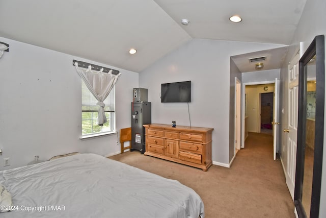 bedroom with baseboards, visible vents, light colored carpet, lofted ceiling, and recessed lighting