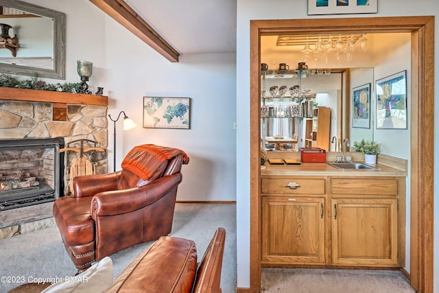 296 Overlook Way, Tannersville, PA 18372 - interior space with wet bar, light colored carpet, baseboards, and a fireplace
