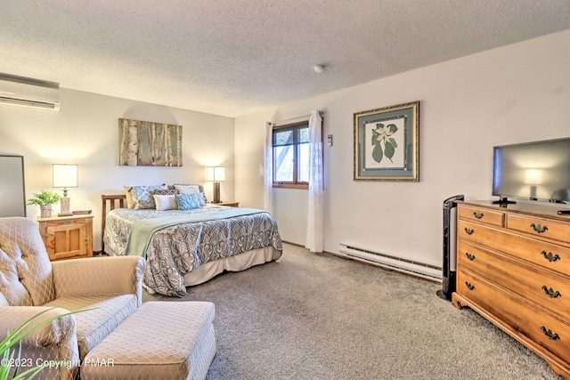 296 Overlook Way, Tannersville, PA 18372 - bedroom with a wall mounted air conditioner, a textured ceiling, carpet flooring, and baseboard heating