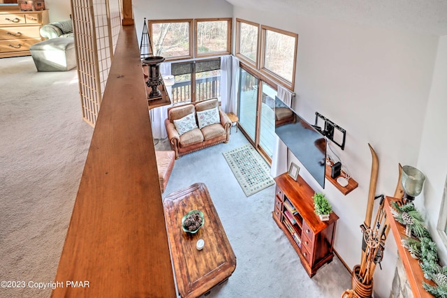 296 Overlook Way, Tannersville, PA 18372 - carpeted living area with vaulted ceiling