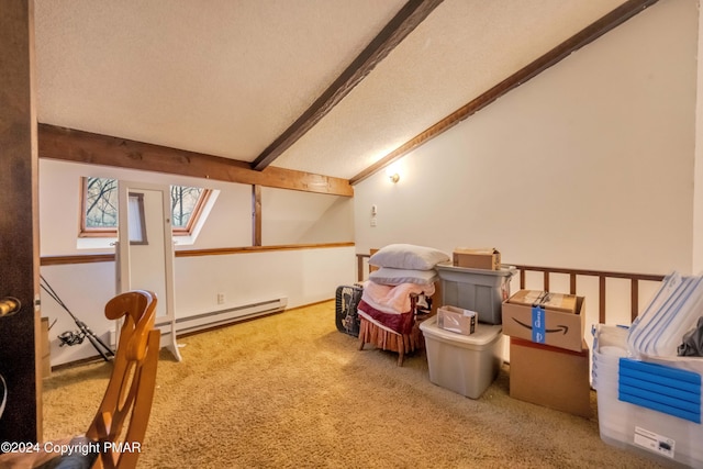 bonus room featuring lofted ceiling with skylight, a textured ceiling, and carpet flooring