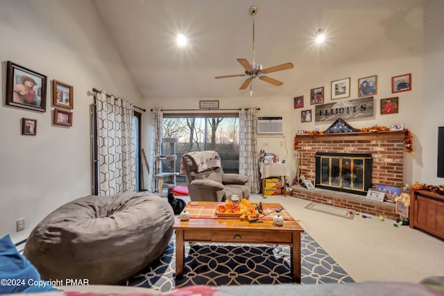 carpeted living area with ceiling fan, a fireplace, vaulted ceiling, and an AC wall unit